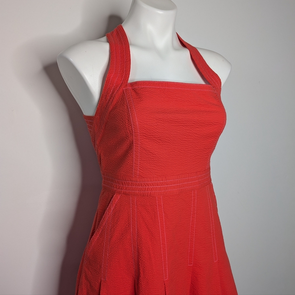 Anthro Maeve Red Orange Textured Square Neck Halter Cotton Blend Dress 2 - Picture 3 of 9